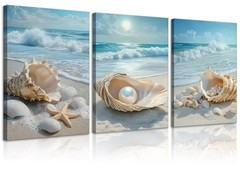 3Pcs Beach Themed Canvas Wall Art Summer Beach Waves Pictures Wall Decor Seas…