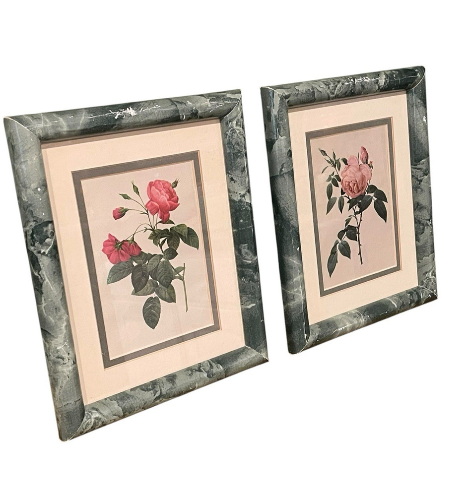 Vintage Botanical Rose Print Forest Green Marble Print Frame, Set of 2 90s Decor