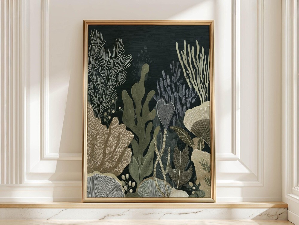 Modern Underwater Botanical Wall Art Print, Minimal Coastal Poster Decor