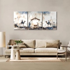 Nativity Scene Canvas Wall Art Set of 3 Christian Watercolor Bethlehem Wall D…