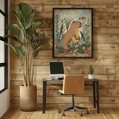 Retro CAPYBARA FLOWER Wall Art, Botanical Floral Wildlife Rodent Nature Poster