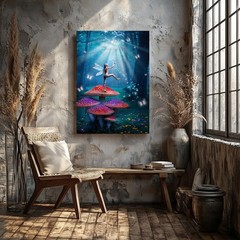 Whimsical Fairy In A Lush, Enchanted Forest, Delicately Poised Amidst Wall Art