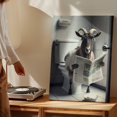 Funny Goat Reading Newspaper Bathroom Canvas Wall Art Animal Humor Decor Print