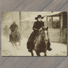 Art Print Snowstorm Woman Riding Horse Western Town Chase