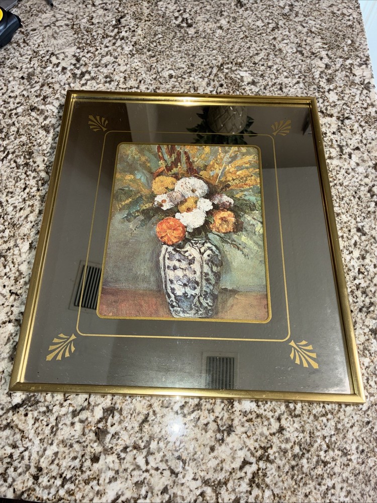 VINTAGE Daliahs In Delft Vase Print Mirror Mat, Framed MCM 17 1/4”Hx14 1/4”W