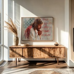 Jesus Prays for America, Patriotic Faith Poster, 4th of July Decor