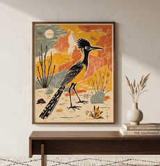 Roadrunner Bird Canvas Wall Art Mid Century Retro Desert Poster Print