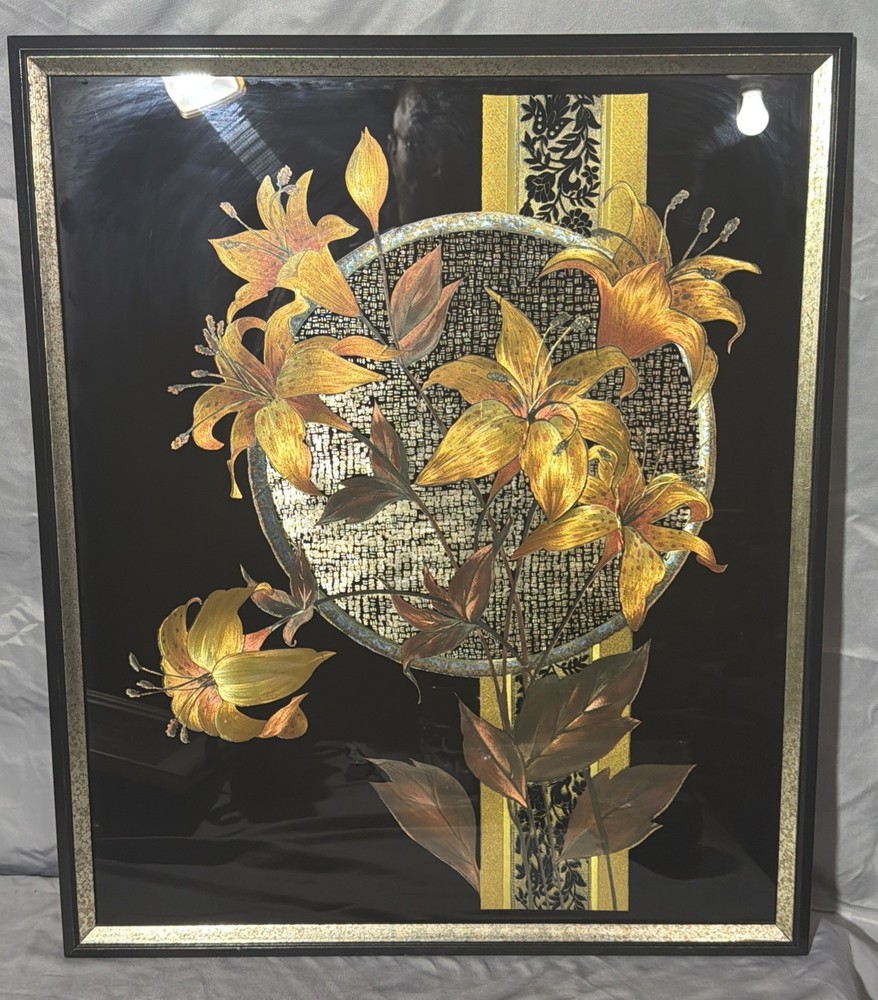 Vintage Asian Foil Art Tiger Lily Velvet Trimmed Orante Frames Art