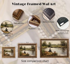 Vintage Gold Framed Boy Fishing Oil Painting Print 12x16in Farmhouse Art