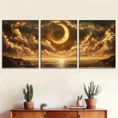 3pcs Golden Moon & Star Reflecting on Stormy Sea Wall Art Canvas Framed 50x70cm