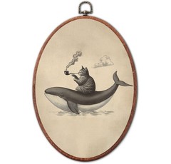 Vintage Cat Riding Whale Wall Art Decor, Smoking Cat on Whale Canvas Art Fram…