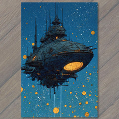 Art Print Massive Deep Space Battleship Floating Stars Cosmic Night Sky