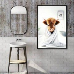 Waterproof Highland Cow Bathroom Art Prints – Humorous Decor (8×10, Set of 4)