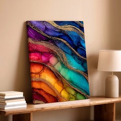 Wall Art Abstract Alcohol Ink Painting Colorful Gold Glitter Waves Canvas Print