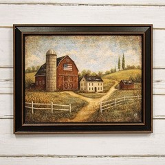 NEW PRIMITIVE PRINT OLDE FLAG BARN HOMESTEAD FARM FRAMED 14.5Hx18.5″W AMERICANA