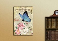 Collage of a Blue Butterfly with Pink and White Roses – Canvas Art- 12×18 inches