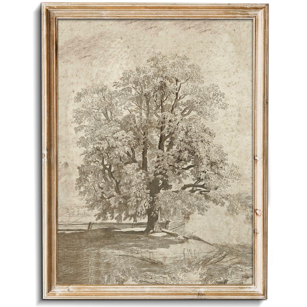 Neutral Etching Vintage Tree Sketch Print, Tree Canvas Wall Art, Antique Rust…