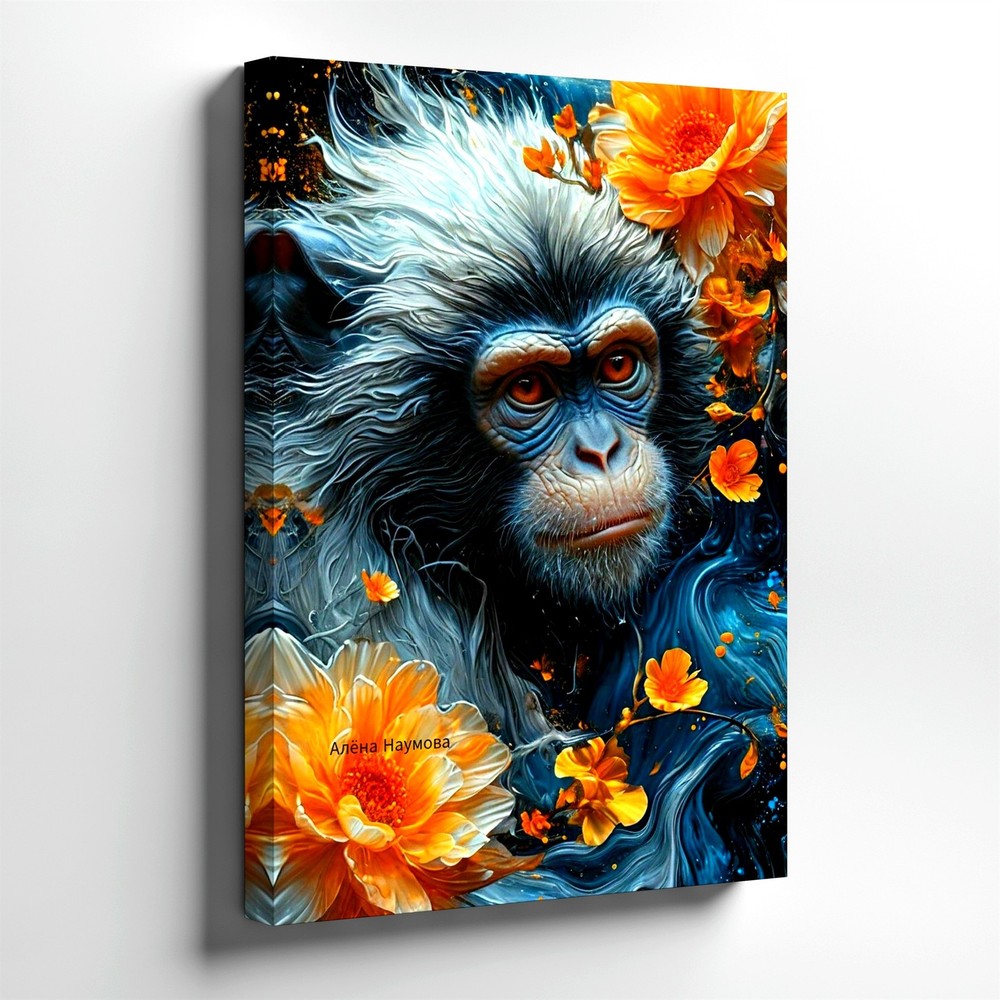 Monkey Portrait Orange Flowers Blue Abstract Animal Wall Art House Rustic Decor