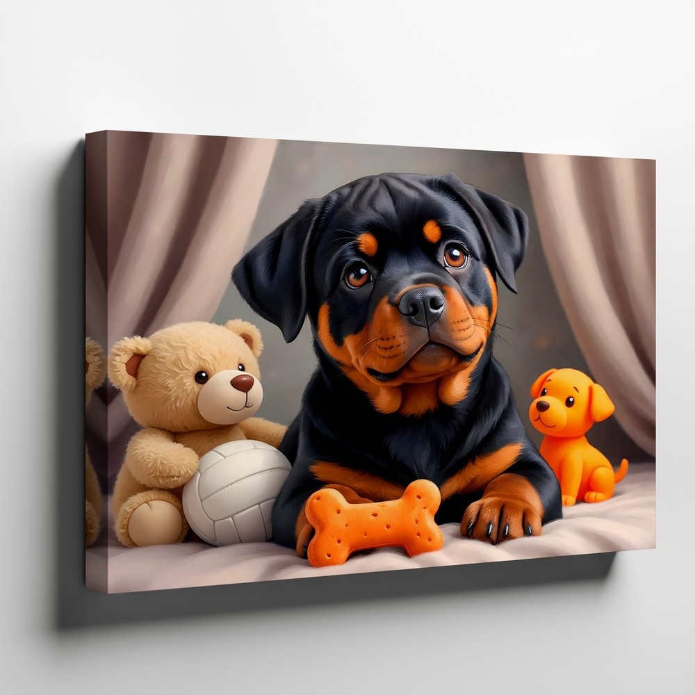 Adorable Rottweiler Puppy with Toys Canvas Wall Art Dog Print for Home Decor