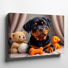 Adorable Rottweiler Puppy with Toys Canvas Wall Art Dog Print for Home Decor