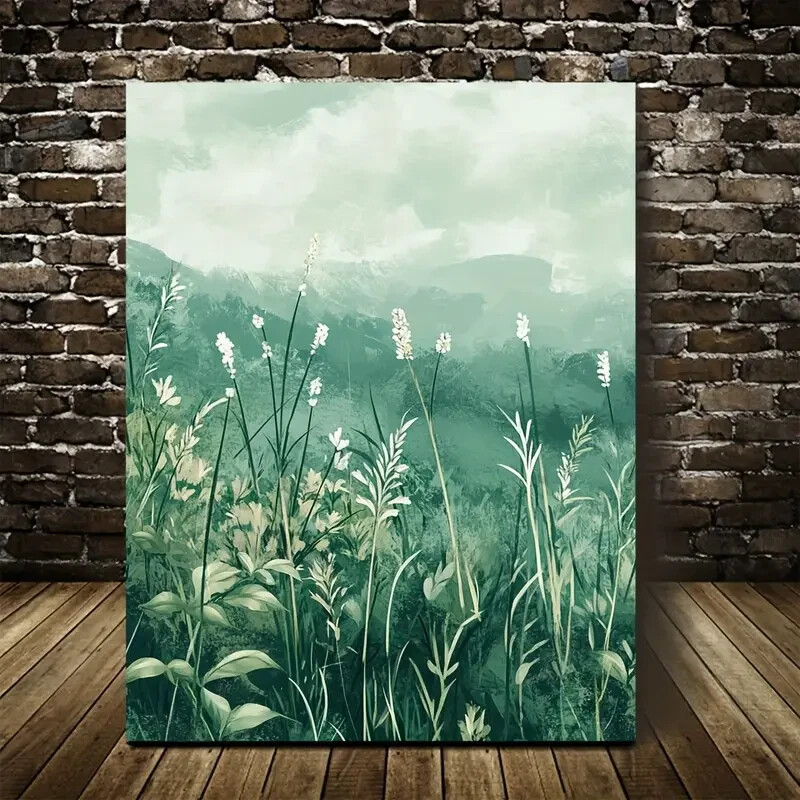 Green Mint Grass Meadow Painting Metal Print Ready to Hang