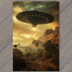 Art Print UFO Dinosaur Alien Flying Saucer T Rex Weird Unusual Strange Funny