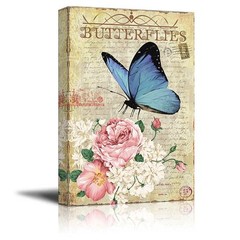Collage of a Blue Butterfly with Pink and White Roses – Canvas Art- 12×18 inches
