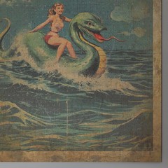 LOCH NESS MONSTER Art, Vintage Girl Riding Nessie Poster, Retro Cryptid Ocean