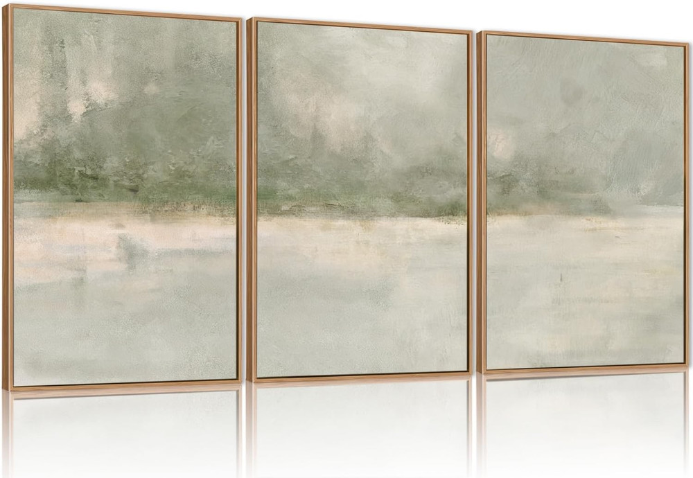 Grey Green Abstract Wall Art Set of 3, Framed Modern Lake Paintings 16x24in