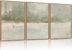 Grey Green Abstract Wall Art Set of 3, Framed Modern Lake Paintings 16x24in