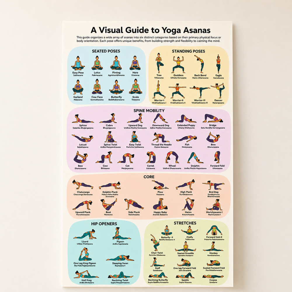Yoga Asanas Visual Guide Poster, Yoga Poses Studio Wall Decor | Multiple Sizes