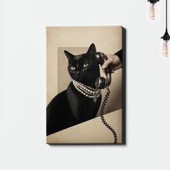 Black cat portrait with telephone Wall Art quirky vintage style feline scene