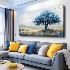 Field Scenery Wall Painting Blue Trees Wall Mural Wall Poster,24″x48″ DIY Framed