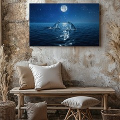 Serene Night Scene Featuring Two Dolphins Gracefully Emerging From The Wall Art