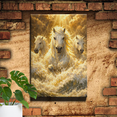 White Horses Charging Golden Storm Clouds Framed Wall Art 12x18inch