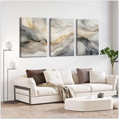White and Grey Canvas Wall Art Set of 3 Abstract Beige Gold Marble Fluid Wall…