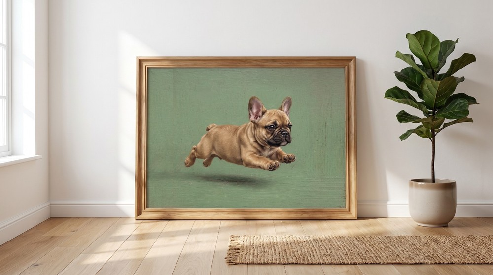 French Bulldog Puppy Poster Running Dog Oil Painting Vintage Green Wall Art