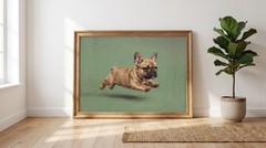 French Bulldog Puppy Poster Running Dog Oil Painting Vintage Green Wall Art
