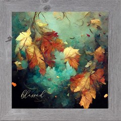 Blessed Fall Framed Wall Art Teal Watercolor Autumn Leaves Farmhouse Square Deco