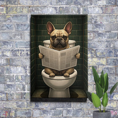 Funny French Bulldog Bathroom Art Print Reading Newspaper Scene