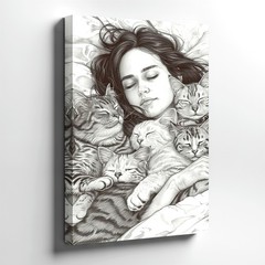 Wall Art Sleeping Woman with Cats Pencil Drawing Monochrome Cat Lover Decor