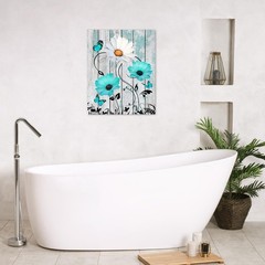 Farmhouse Turquoise Floral Canvas Wall Art Teal Blue and White Daisy Butterfl…