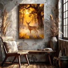 Wall Art Deer in Forest Golden Light Rustic Wildlife Landscape Painting Decor