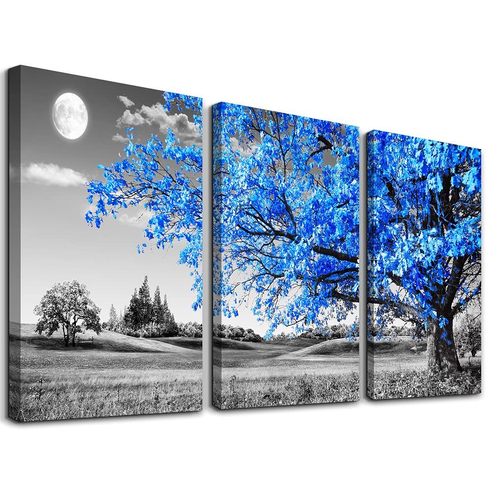 Wall Art For Living Room black and white Blue tree moon Canvas Wall Decor for…