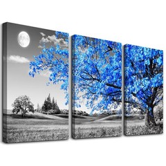 Wall Art For Living Room black and white Blue tree moon Canvas Wall Decor for…