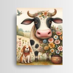16×20 Cow and Puppy Canvas Print Wall Art, Nursery Wall Art