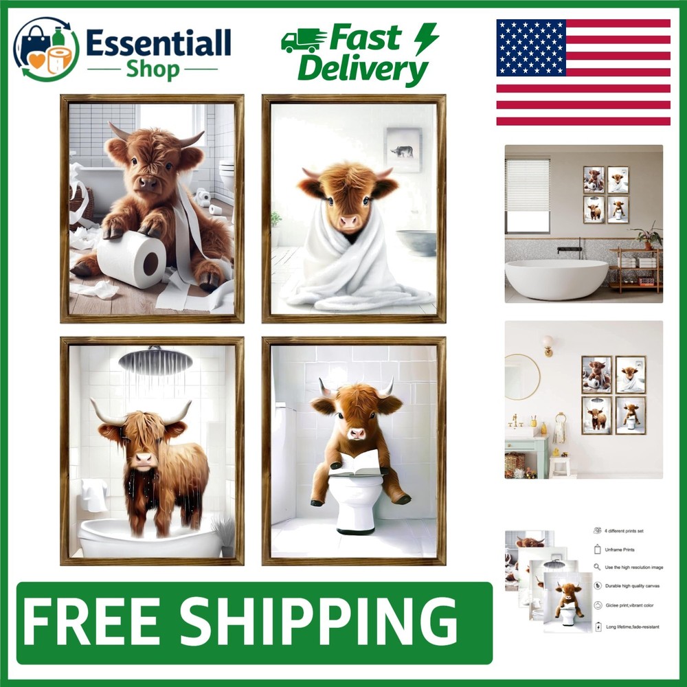 Waterproof Highland Cow Bathroom Art Prints – Humorous Decor (8×10, Set of 4)