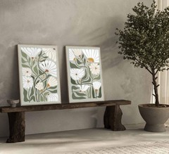 2 Pcs Boho Wildflowers Canvas Wall Art Green Bohemia Abstract Floral Botanica…