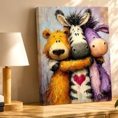 Wall Art Cute Animal Friends Painting Zebra Bear Donkey Hugging Canvas Print