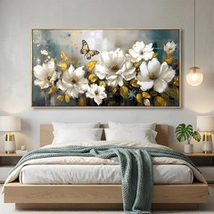 Wall Art Modern Flower Artwork Paintings White Blossom Gold Leaf Butterfly La…